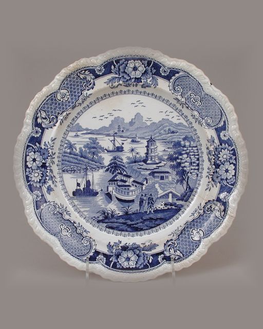 Blue & white landscape transferware plates, pair