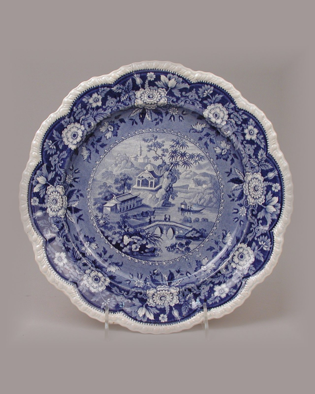 Blue & white landscape transferware plates, pair — photo 2