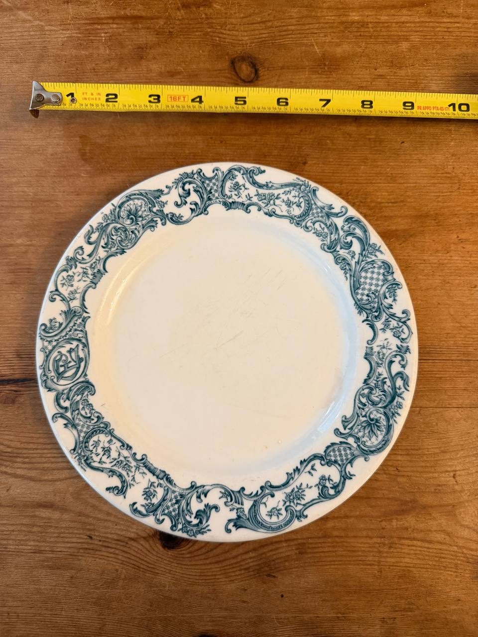Vintage O.P. Co. Syracuse China Monogrammed Restaurant Ware Plate — Teal Scroll Border — photo 2