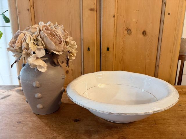 Antique White Ironstone Wash Basin — 16" Embossed Rim with Gilt Line