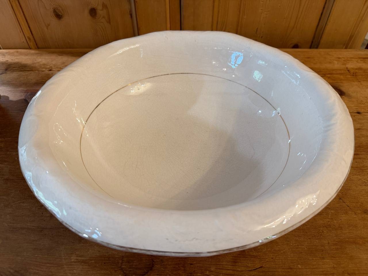 Antique White Ironstone Wash Basin — 16" Embossed Rim with Gilt Line — photo 2