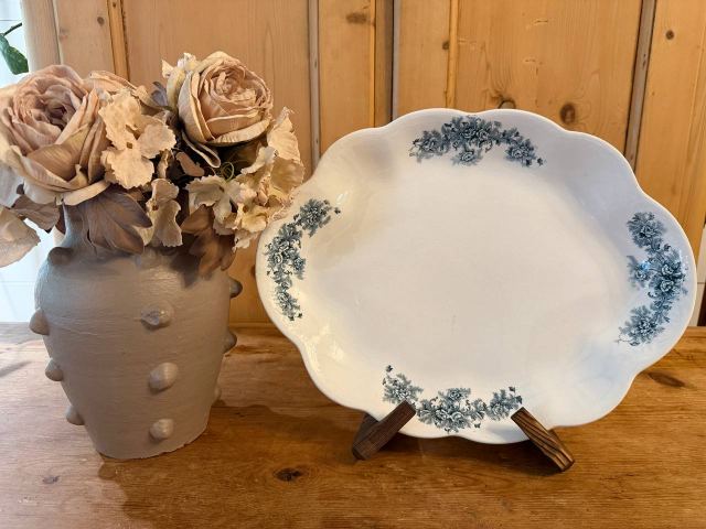 Antique Scalloped Ironstone Platter — Teal Floral Transfer, "St. Regis" — 15"