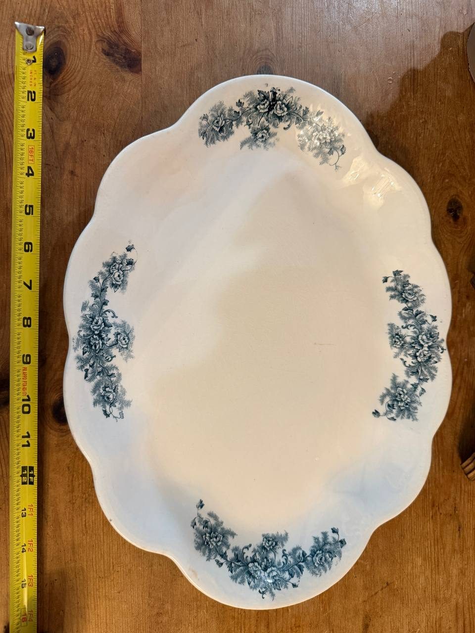 Antique Scalloped Ironstone Platter — Teal Floral Transfer, "St. Regis" — 15" — photo 2