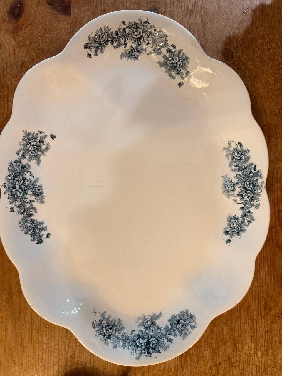 Antique Scalloped Ironstone Platter — Teal Floral Transfer, "St. Regis" — 15" — photo 3