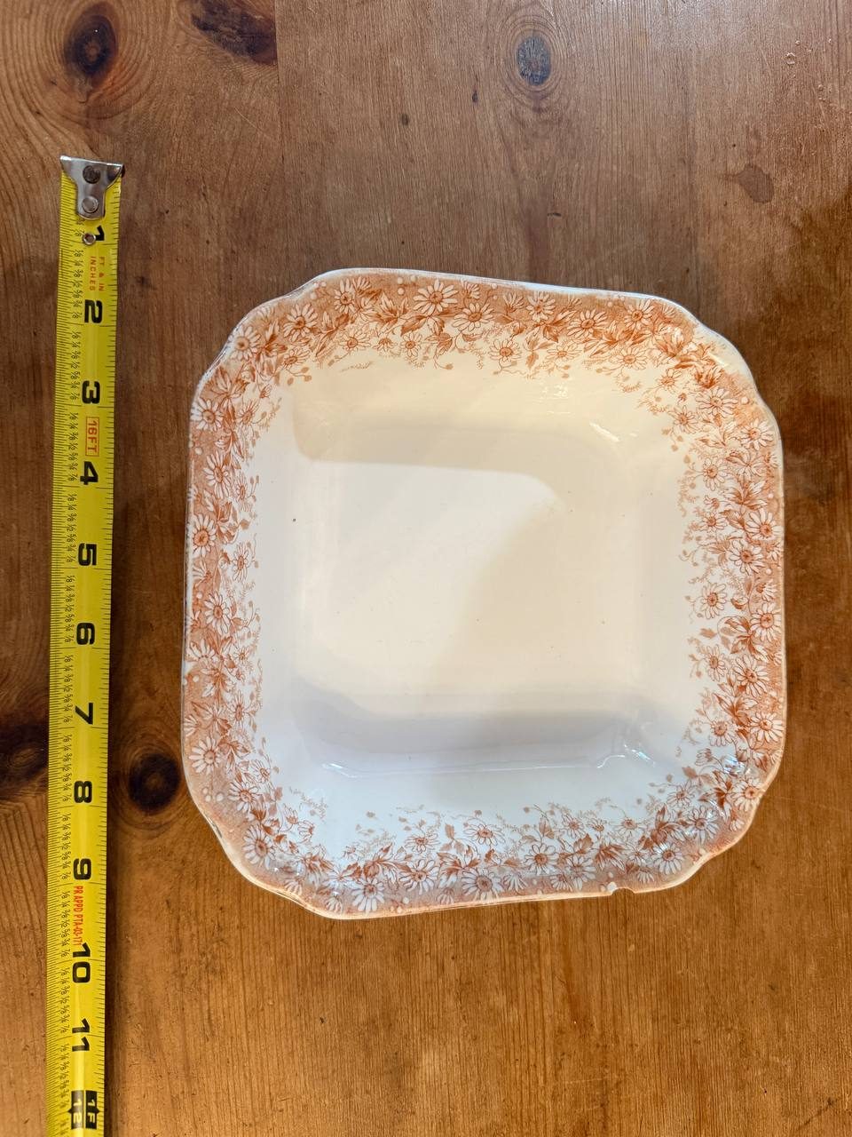 Antique English "Campania" Square Serving Bowl — Rust Daisy Transferware — photo 2