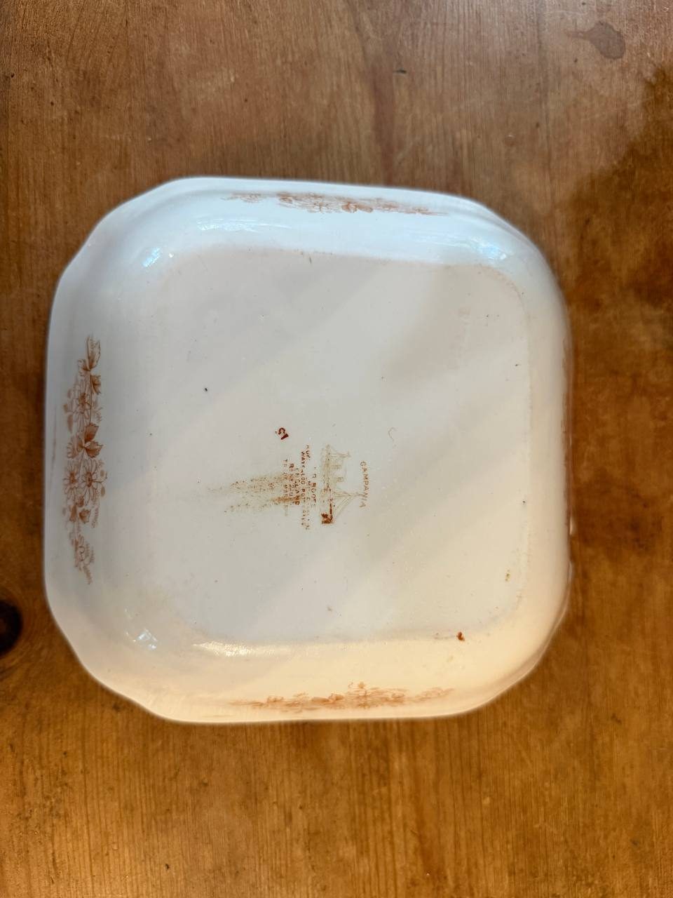 Antique English "Campania" Square Serving Bowl — Rust Daisy Transferware — photo 4