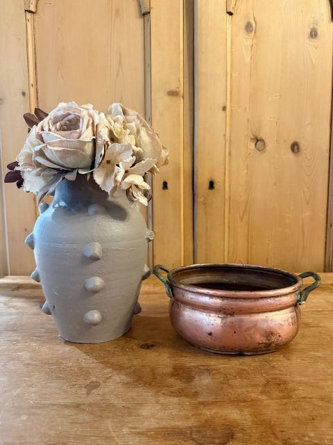 Oval Hammered Copper Planter with Brass Handles — Verdigris Patina