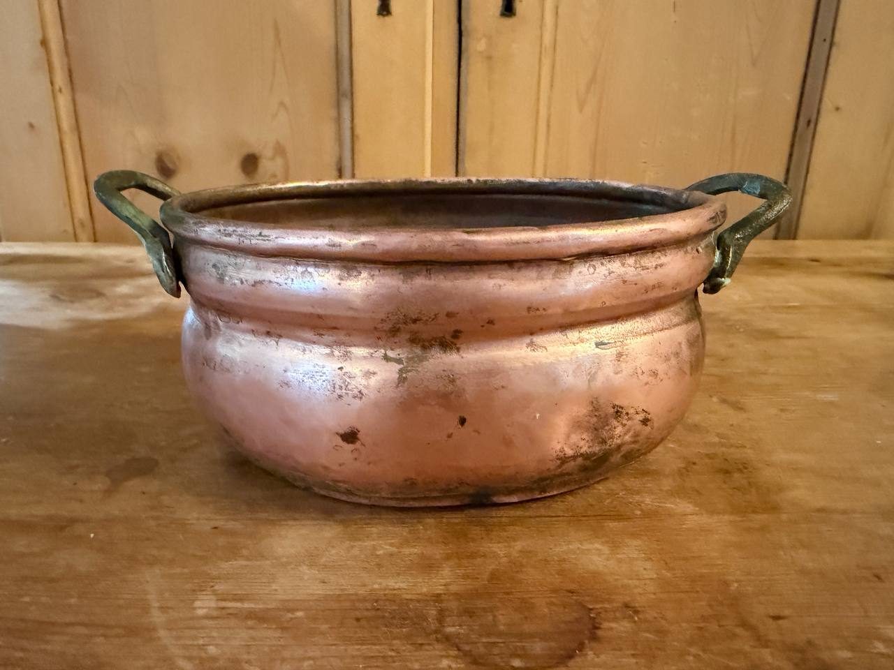 Oval Hammered Copper Planter with Brass Handles — Verdigris Patina — photo 2