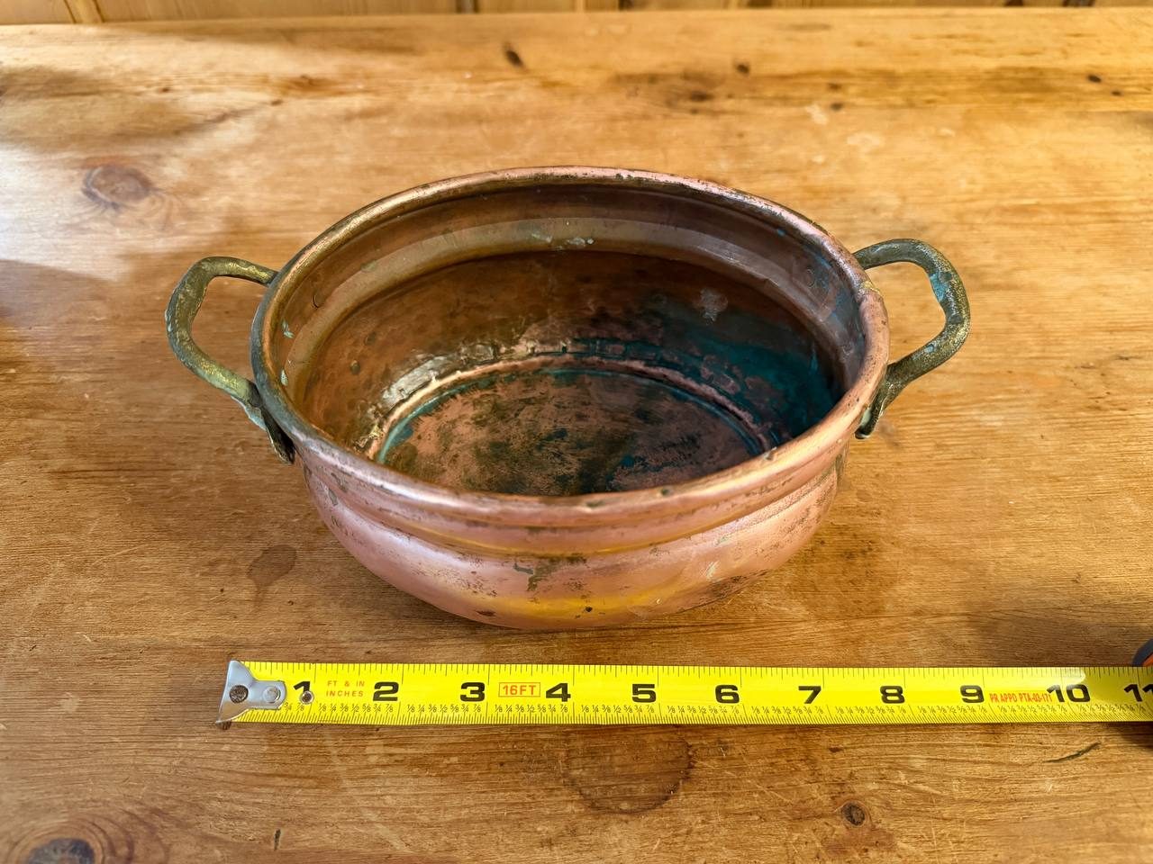 Oval Hammered Copper Planter with Brass Handles — Verdigris Patina — photo 3