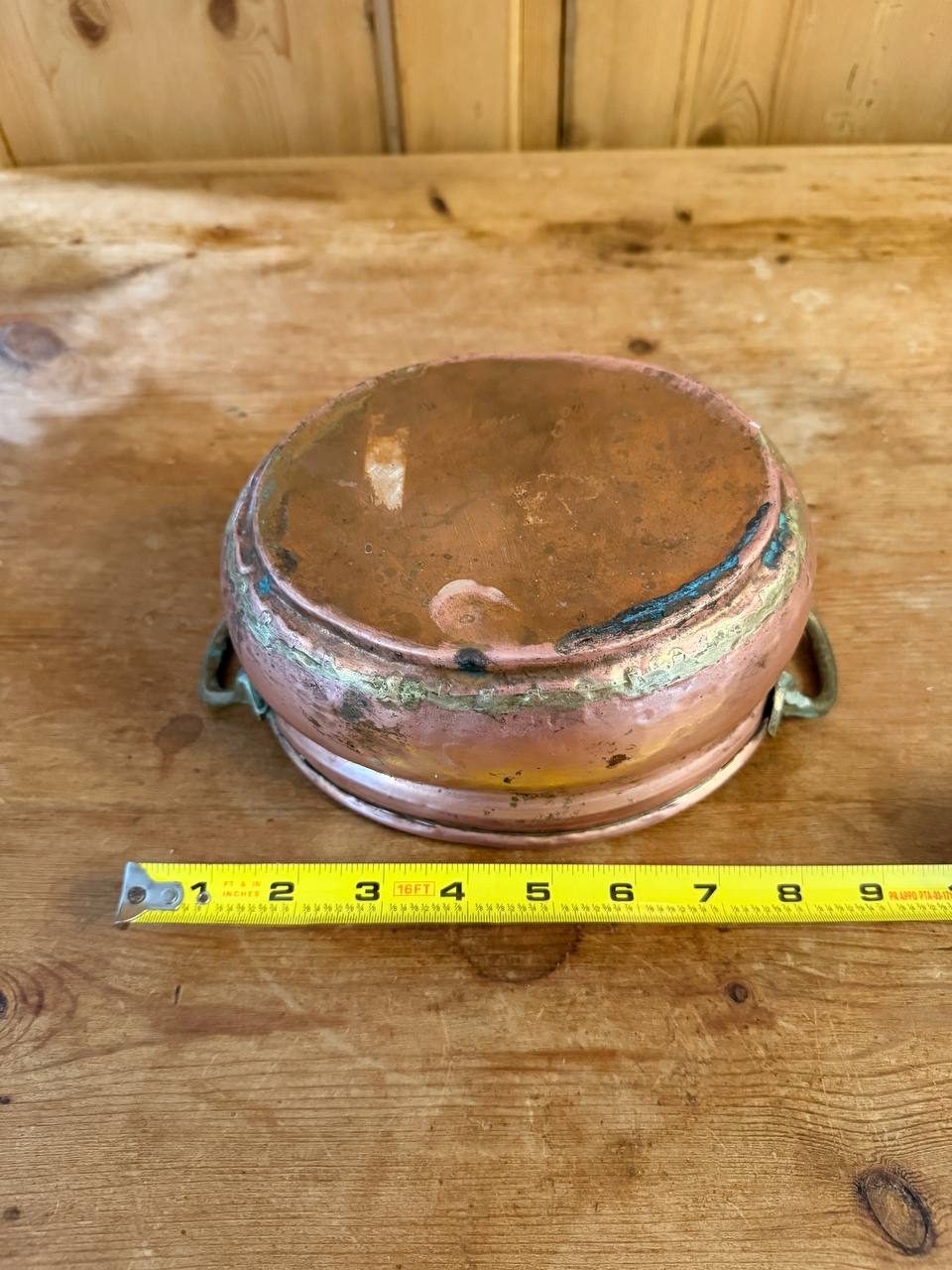 Oval Hammered Copper Planter with Brass Handles — Verdigris Patina — photo 4