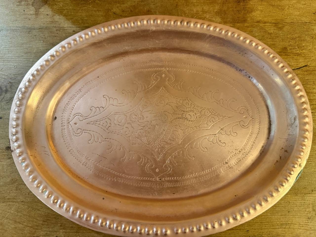 Engraved Copper Oval Tray with Beaded Rim — 10" — photo 2