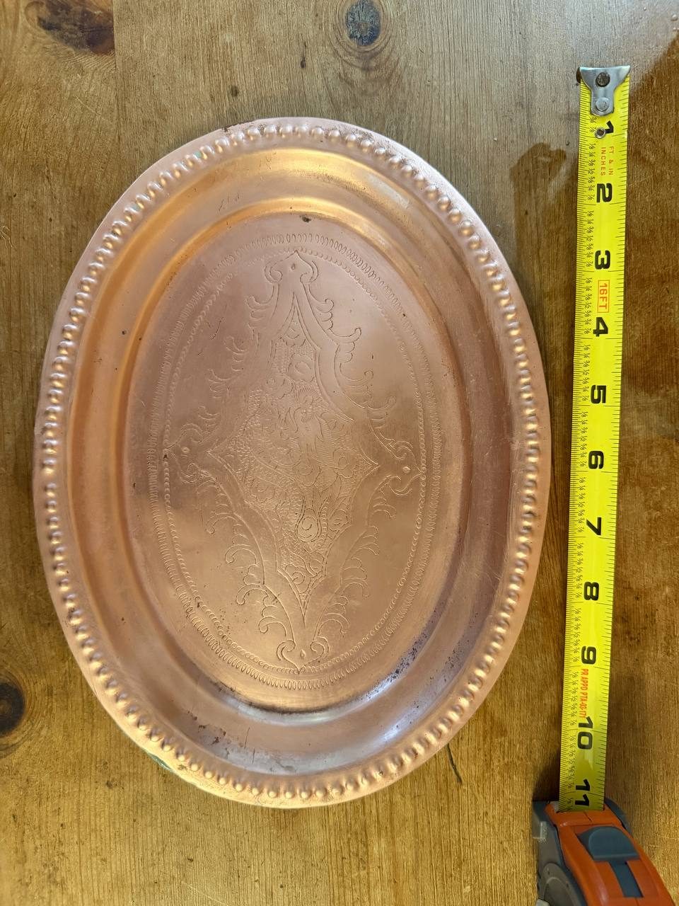 Engraved Copper Oval Tray with Beaded Rim — 10" — photo 3