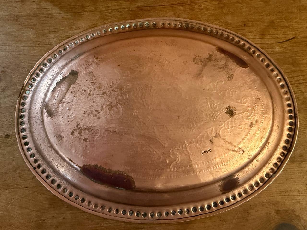 Engraved Copper Oval Tray with Beaded Rim — 10" — photo 4