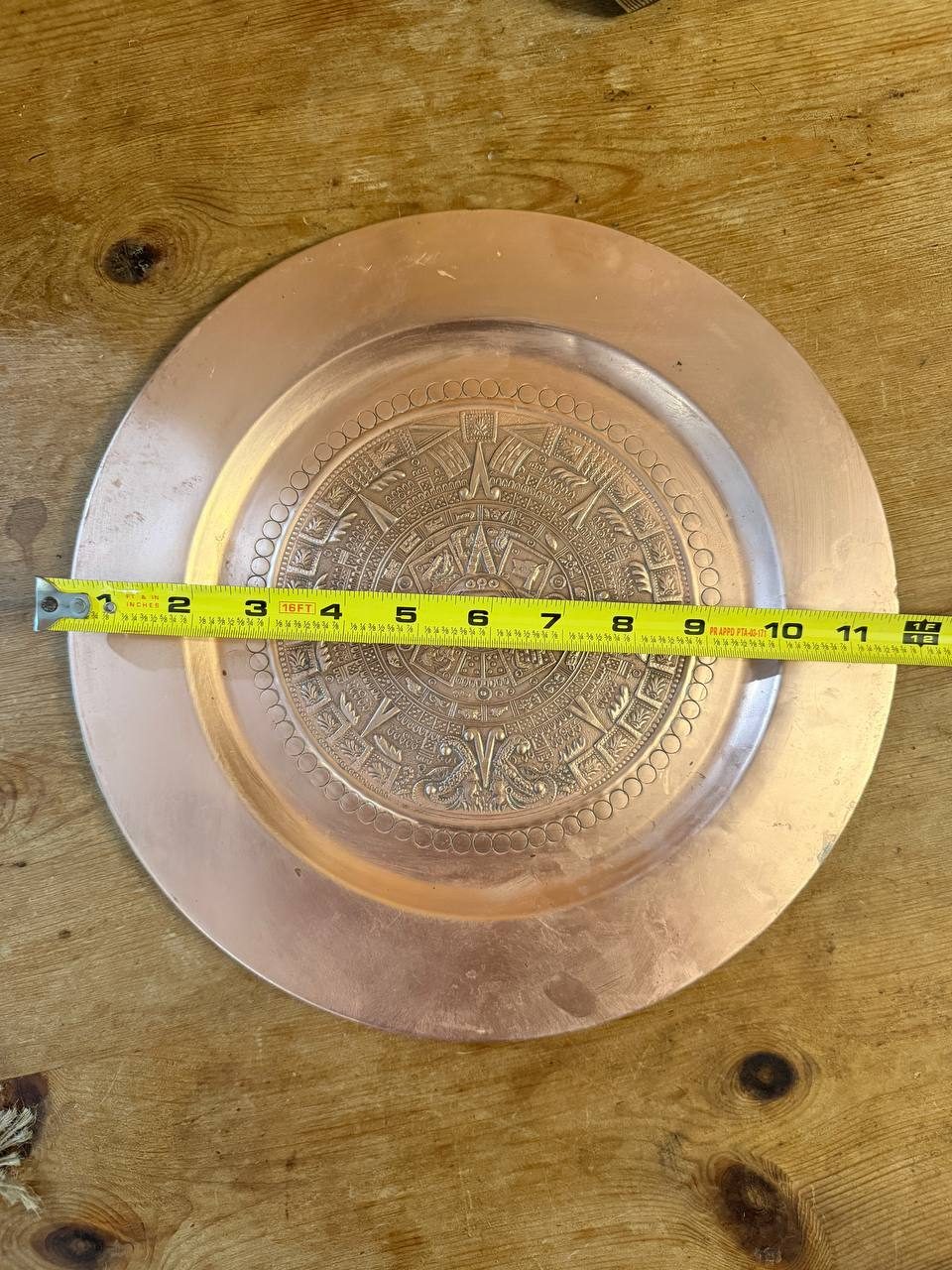 Copper Aztec Calendar Wall Plate — Repoussé Sun Stone, 12" — photo 3