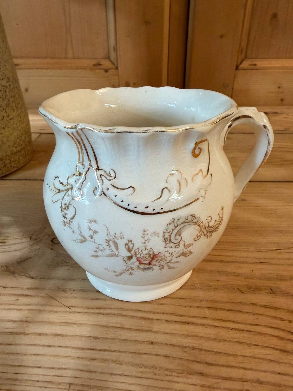 Wheeling Pottery La Belle China Creamer Small Pitcher Gold Scroll Floral c.1900 — photo 3